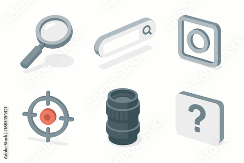 isometric icon items isolated on white background magnifying glass search bar focus ring dot lens query box
