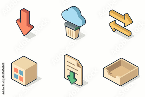 isometric icon items isolated on white background downward arrow cloud bin transfer bar data packet import slip inbox tray
