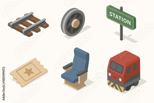 isometric icon items isolated on white background train track rail wheel station sign ticket stub passenger engine front