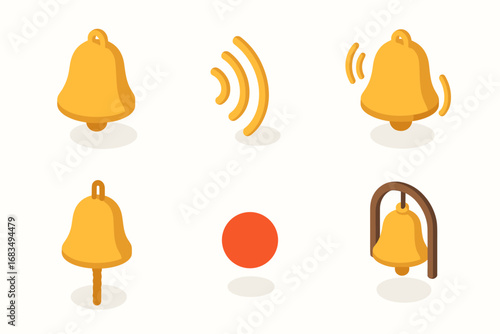 isometric icon items isolated on white background bell shape sound wave alarm ring bell rope alert dot