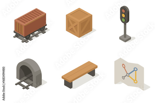 isometric icon items isolated on white background cargo train freight box rail signal tunnel arch platform bench route map