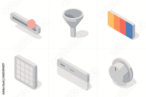 isometric icon items isolated on white background range slider filter bar color scale opacity grid control tab mix knob