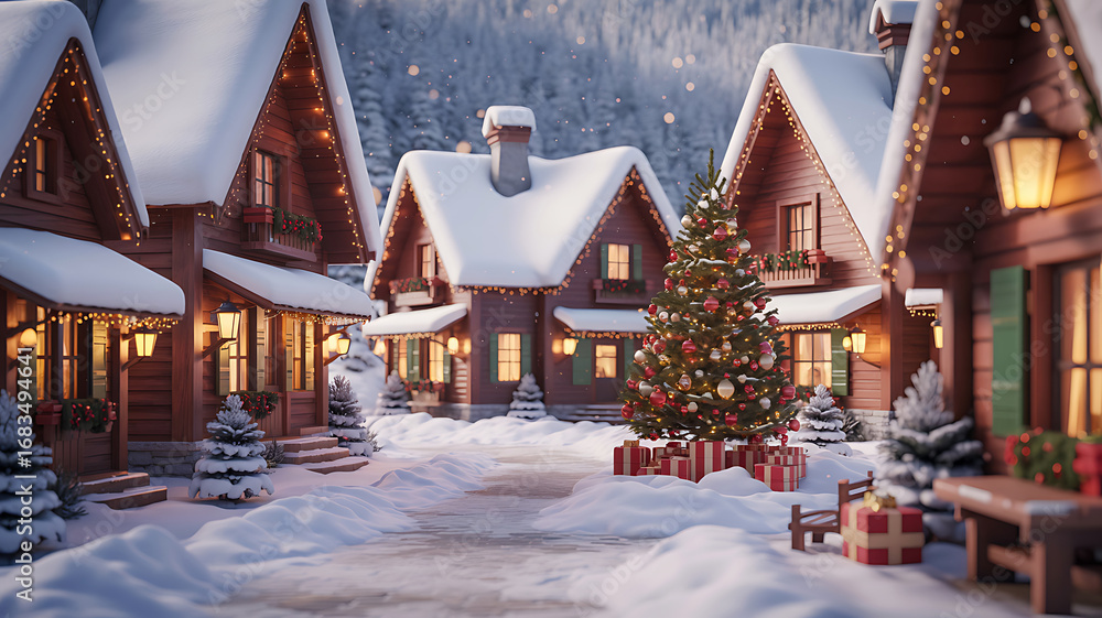Fototapeta premium Cozy Snow Covered Village Christmas Scene winter village scene