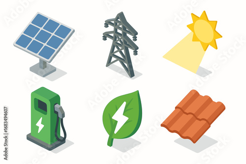isometric icon items isolated on white background solar cell energy grid daylight beam charging station green power roof tile