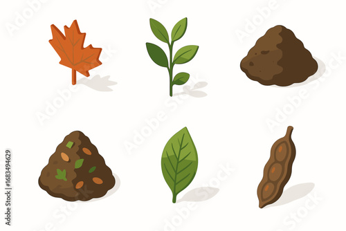isometric icon items isolated on white background maple leaf herbal stem garden soil compost pile leaf vein seed pod