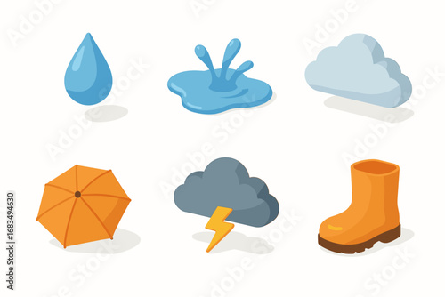 isometric icon items isolated on white background rain drop puddle splash cloudy sky umbrella top cloud wet boot