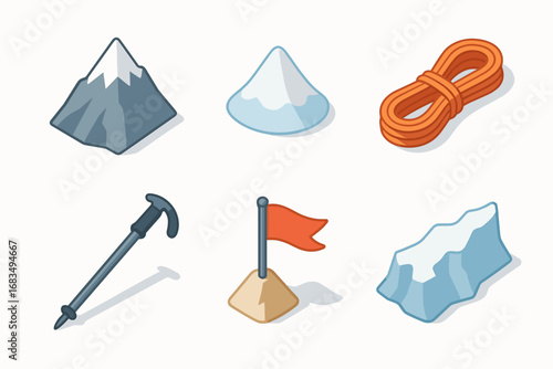 isometric icon items isolated on white background mountain peak snow cap climbing rope hiking stick summit flag glacier ridge
