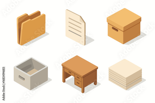 isometric icon items isolated on white background file folder document tab archive box storage drawer office desk paper stack