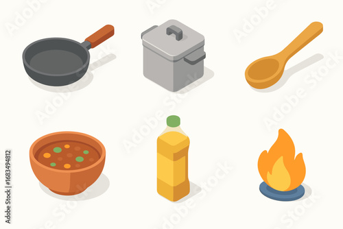 isometric icon items isolated on white background frying pan stock pot wooden spoon stew bowl cooking oil simmer flame