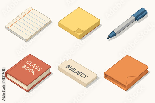 isometric icon items isolated on white background ruled paper sticky note pen class book subject tab pocket folder