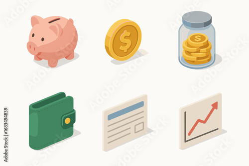 isometric icon items isolated on white background ceramic piggy bank coin slot savings jar cash wallet deposit slip interest chart