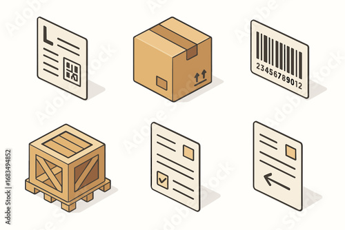 isometric icon items isolated on white background shipping label parcel box barcode pallet crate delivery slip return form