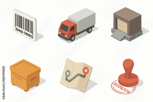 isometric icon items isolated on white background tracking barcode cargo truck loading dock locker bin route map dispatch stamp