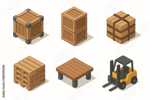 isometric icon items isolated on white background cargo crate steel corners forklift slot stacked load rope ties dock