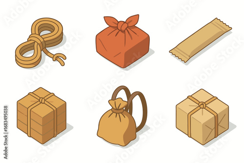 isometric icon items isolated on white background bundle rope tie cloth wrap stick pack carried load knot edge