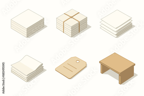 isometric icon items isolated on white background paper bundle string wrap stacked sheets folded pile label office desk