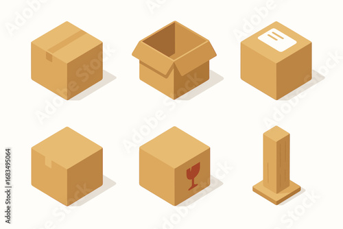 isometric icon items isolated on white background parcel cardboard address label taped fold fragile sign post