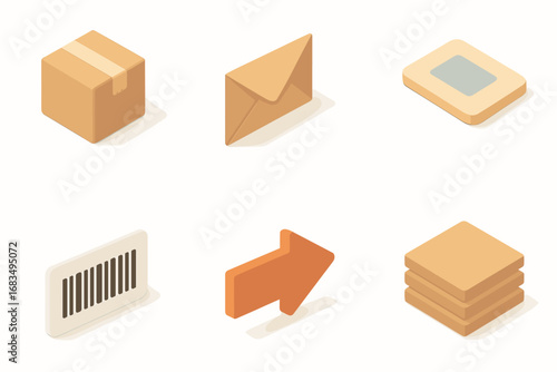isometric icon items isolated on white background small package taped fold sticker bar code delivery arrow stack pile
