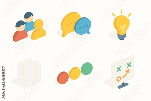 isometric icon items isolated on white background group discussion chat bubbles idea sparks paper sheets circle icons plan chart