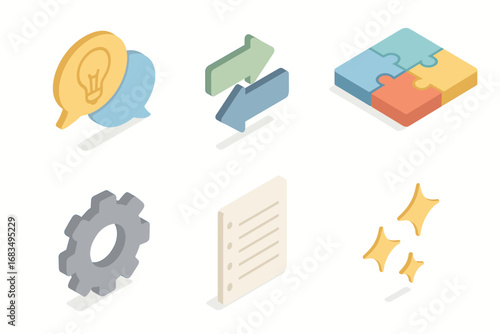 isometric icon items isolated on white background idea exchange speech arrows puzzle pieces gear icon notebook page spark lines
