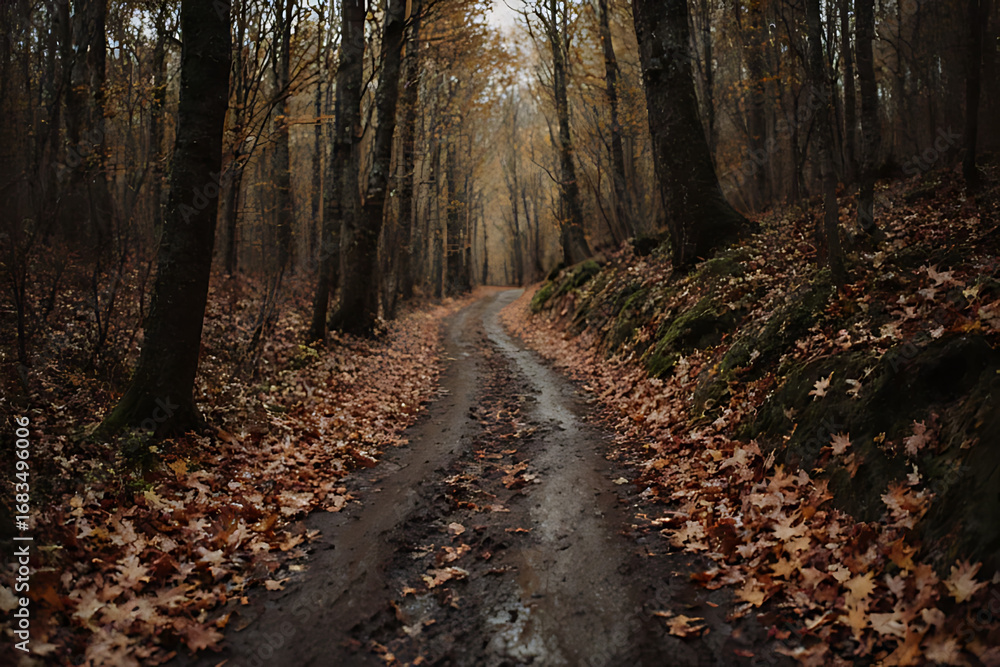Fototapeta premium Misty Forest Path in Autumn – Dark and Mysterious Wood Trail