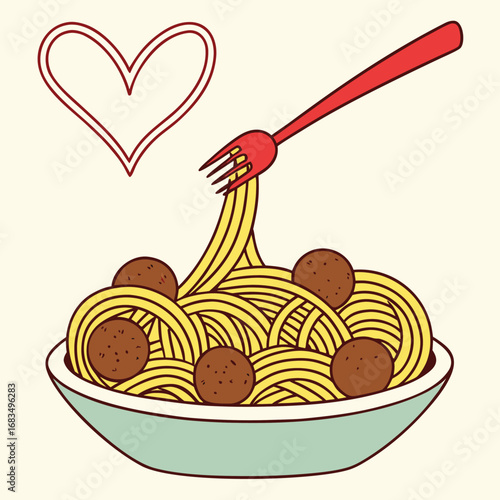 Vector art of heart shape above a bowl of spaghetti and meatballs with a fork twirling the pasta, a delicious italian meal