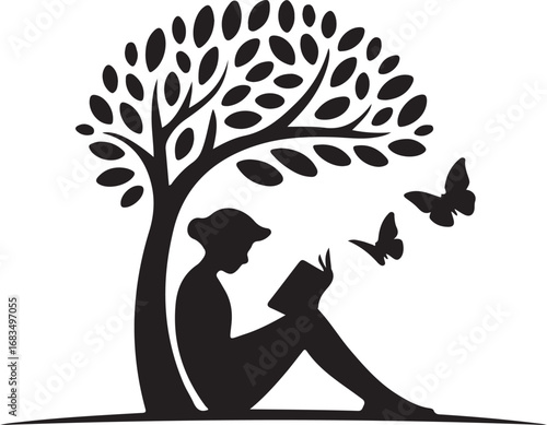 Relax women reading book background nature under tree silhouette logo template illustration inspiration