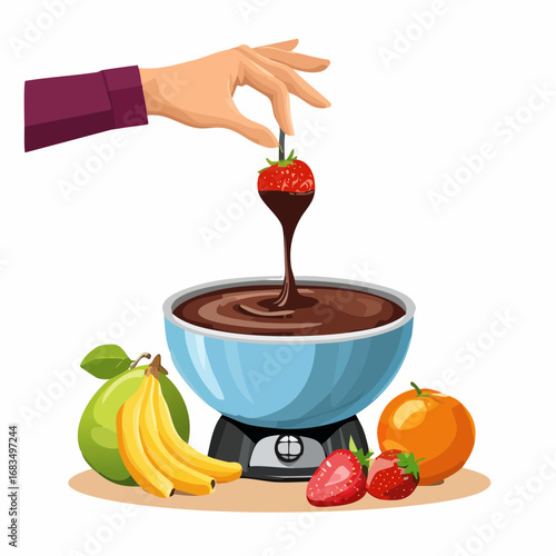 Hand Dipping Strawberry into Melted Chocolate Fondue with Fruit
