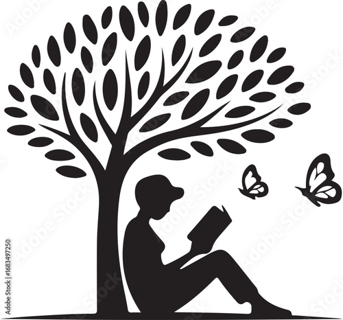 Relax women reading book background nature under tree silhouette logo template illustration inspiration