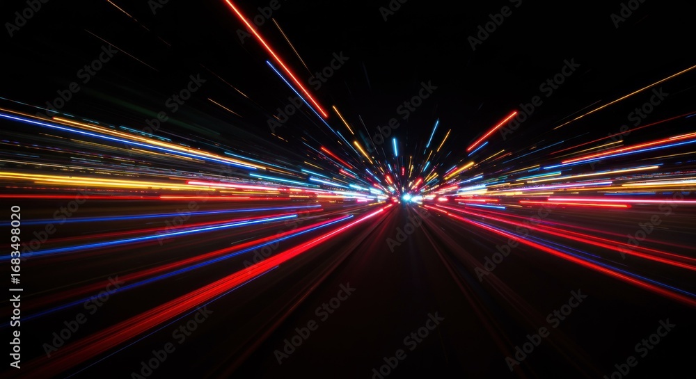 Fototapeta premium Vibrant streaks of light illuminate a dark roadway, creating a dynamic and fast-paced scene.