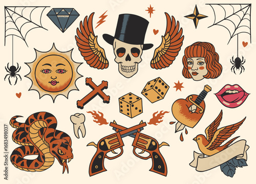 Set Of Various Vintage Flash Tattoo Design Collection