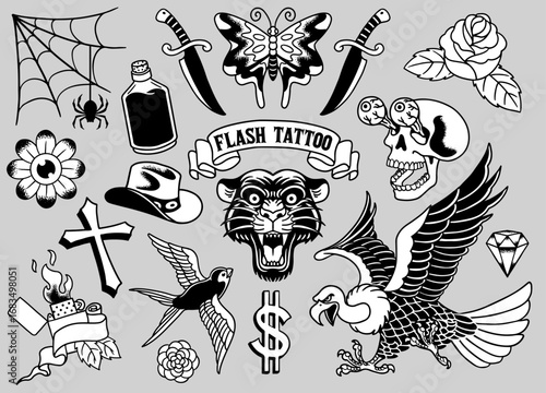 Set Of Various Vintage Flash Tattoo Collection Black and White