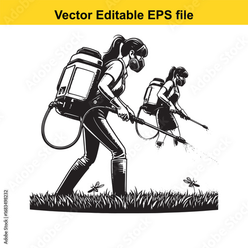 Woman spraying pesticide on grass with backpack sprayer, wearing mask and protective clothing