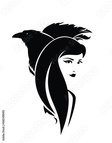 shaman sorceress woman with long hair and pet raven bird with feathered wing black and white vector portrait