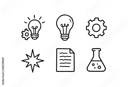 hand drawn cute doodle style line isolated on white background: invention light bulb gear cog spark icon paper draft lab flask