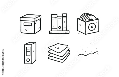 hand drawn cute doodle style line isolated on white background: stored archive shelf row record box binder spine paper files dust line
