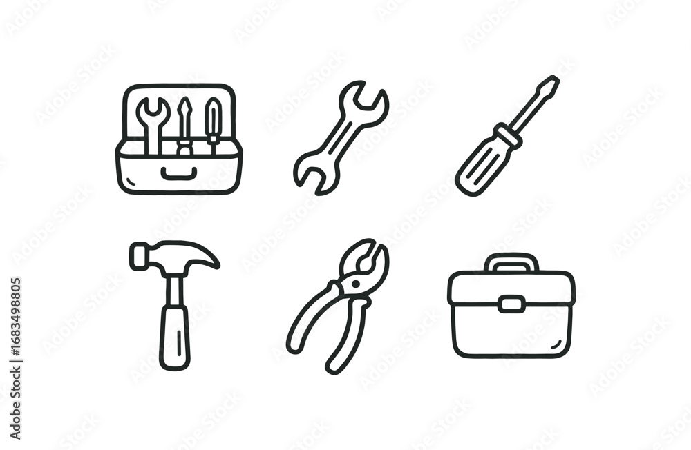 hand drawn cute doodle style line isolated on white background: tool set wrench icon screwdriver hammer pliers grip case box hand drawn cute doodle style line isolated on white background: tool set wrench icon screwdriver hammer pliers grip case box