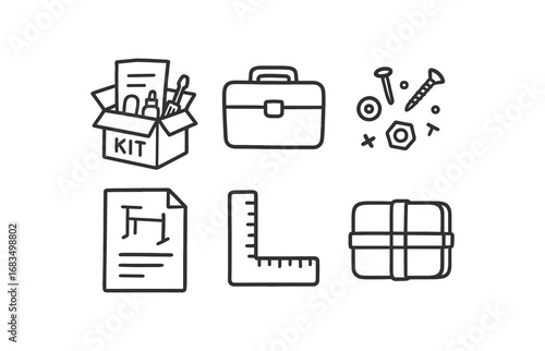 hand drawn cute doodle style line isolated on white background: kit toolbox small parts instruction sheet ruler edge packed case