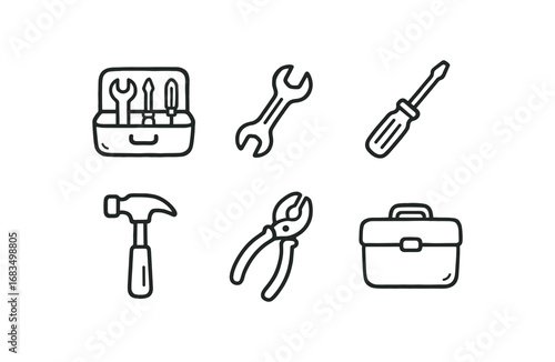 hand drawn cute doodle style line isolated on white background: tool set wrench icon screwdriver hammer pliers grip case box