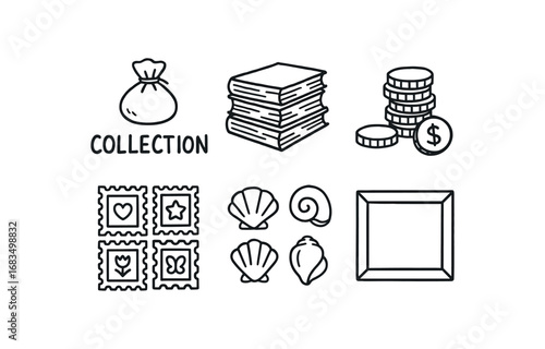 hand drawn cute doodle style line isolated on white background: collection stacked books coin pile stamp sheet icons art frame