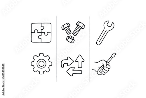 hand drawn cute doodle style line isolated on white background: assembly bolt joints wrench gear parts arrow arrows tool hands