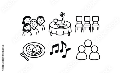 hand drawn cute doodle style line isolated on white background: social gathering table set chair row food plate music notes people icons