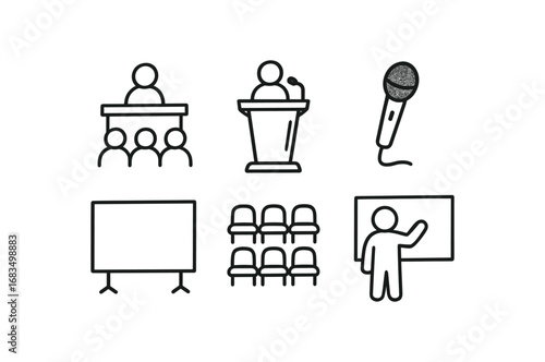hand drawn cute doodle style line isolated on white background: conference podium stand mic icon big screen rows of chairs speaker figure