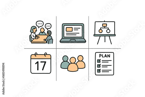 hand drawn cute doodle style line isolated on white background: office meeting laptop screen whiteboard calendar page people icons plan chart