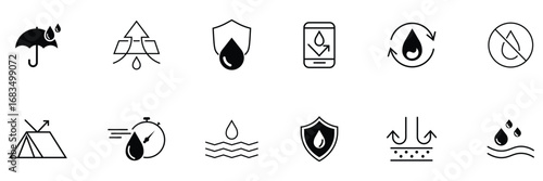 Collation of waterproof Icon Set. Water resistant icons for package. Water protection icon with shield. Liquid repellent, anti-wetting, impermeable material, moisture barrier, water protection. vector