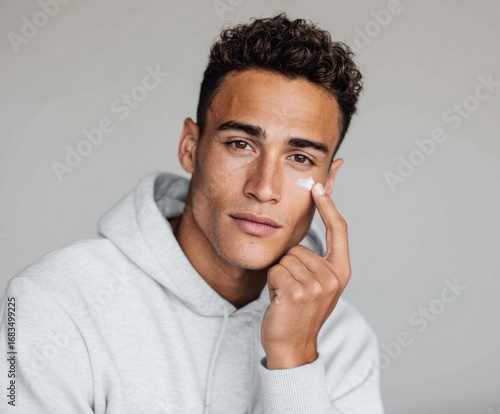 A man applies facial cream to his cheek against a neutral background.