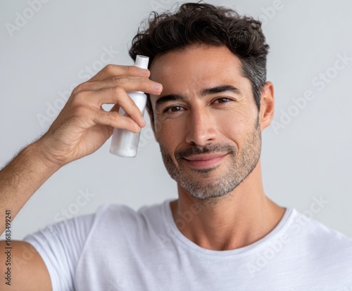 A man applies hair product to his forehead, showcasing a warm and approachable expression.