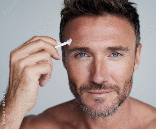A man applies a skincare product to his forehead, showcasing a close-up view of facial care routine.