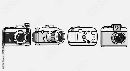Minimalist Vector SVG Illustration of Four Camera Icons in Flat Design Style with Black Outlines and Monochrome Palette for Digital Applications
