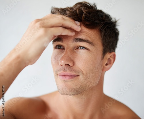 A focused close-up portrait of a man, his hand gently placed on his forehead, exuding a sense of calm and self-care.